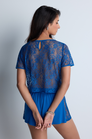 Aubade Blue Lace Short Sleeve Sleep Top | Lazy Days Nightwear