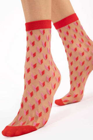 FiORE Dizzy Geometric Pattern Sheer Socks Red, Pink & Nude 20 Denier