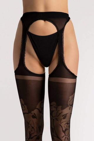 FiORE Sensual Amorosa Floral Pattern Suspender Tights Black 30 Denier