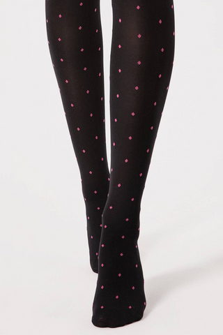 Fiore Volcan Patterned Hold Ups Black & Pink 40 Denier 