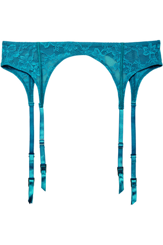 Fleur Du Mal Le Stretch Lace Suspender Belt Aquamarine - Naughty Knickers