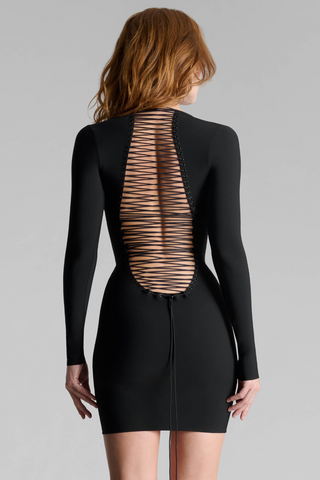 Maison Close Black Long Sleeve Short Dress with Naked Back | Nuit Infinie