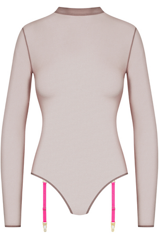 Maison Close Corps à Corps Sheer Long Sleeved Thong Body Taupe & Neon Pink