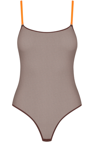 Maison Close Corps à Corps Sheer Thong Bodysuit Brown & Neon Orange