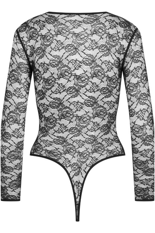 Maison Close Flashback V Neck Long Sleeve Lace Thong Bodysuit Black