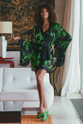 Marjolaine Ambre Short Robe Mint Print | French Nightwear