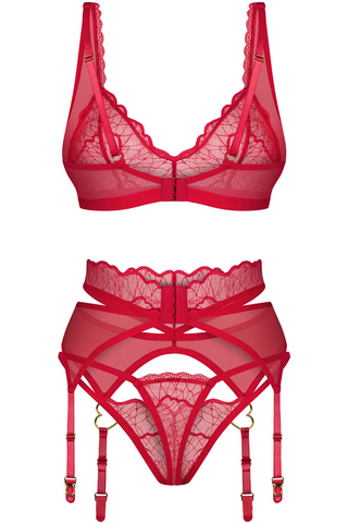 Red Lace Three Piece Lingerie Set - Obsessive Cupide Desir