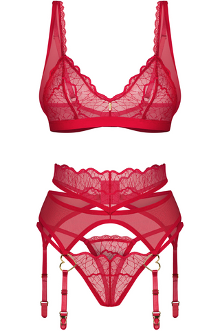 Red Lace Three Piece Lingerie Set - Obsessive Cupide Desir