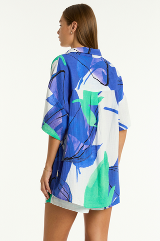 Sea Level Sublime Aloha Cotton Beach Shirt Cobalt