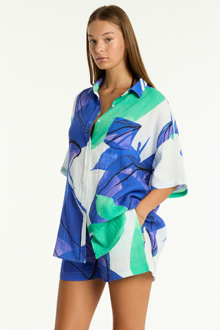 Sea Level Sublime Aloha Cotton Beach Shirt Cobalt