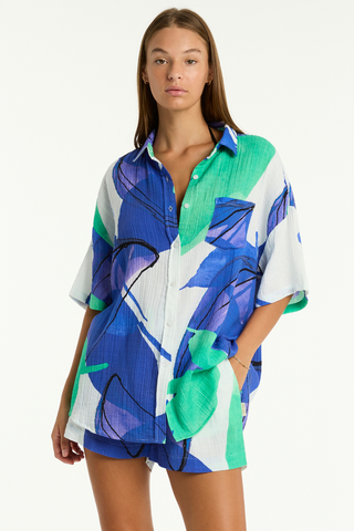 Sea Level Sublime Aloha Cotton Beach Shirt Cobalt